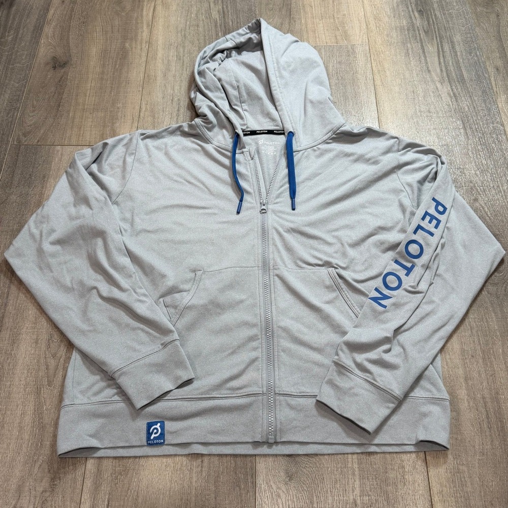 Peloton Womens L Gray Full Zip Hoodie Sweatshirt Blue Logo Sleeve Large